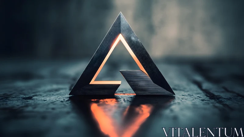 Futuristic metallic triangle sculpture with glowing orange light.
