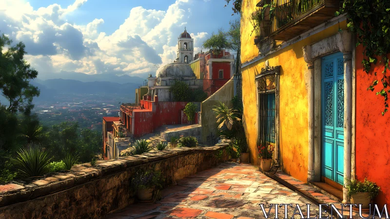 Sunlit hillside street with domed church and distant valley.