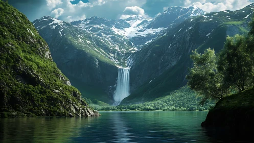 Mountain walls cradle a silver waterfall and mirrored fjord