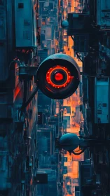 Surveillance optics dominate a neon-saturated cybernetic alleyway