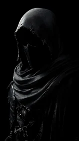 Hooded dark wraith in textured cloak under sculpted shadows.