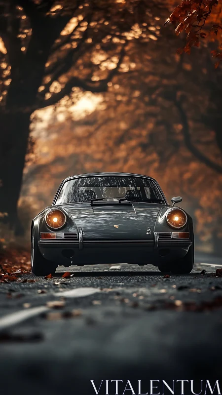 Classic gray sports car cruising through a cozy autumn road.