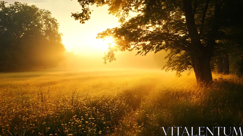 Sunlit meadow glows beneath trees in golden morning mist.