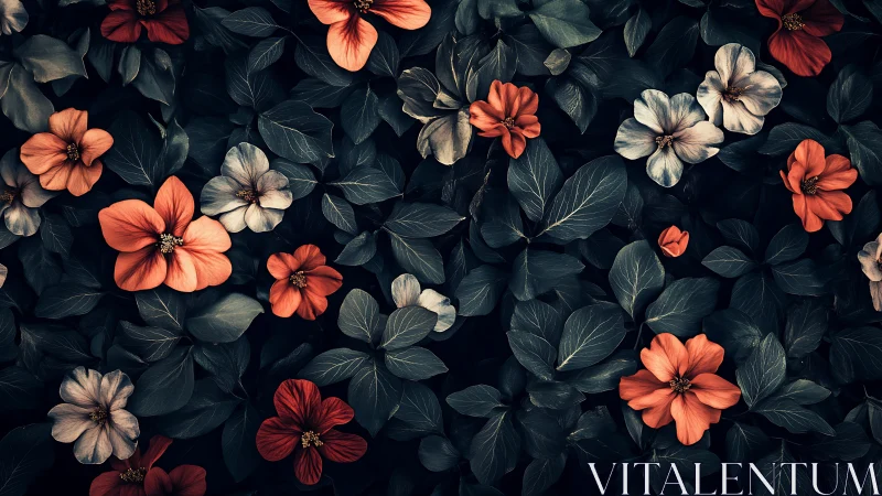 Coral and Cream Flowers Against Dark Foliage.