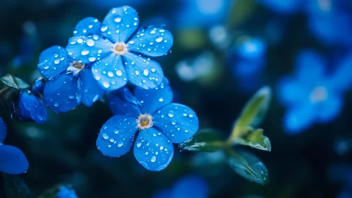 Blue forget-me-nots glistening with morning dew drops.