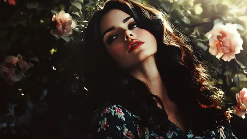 Velvet-haired daydreamer leaning into rose-drenched twilight.