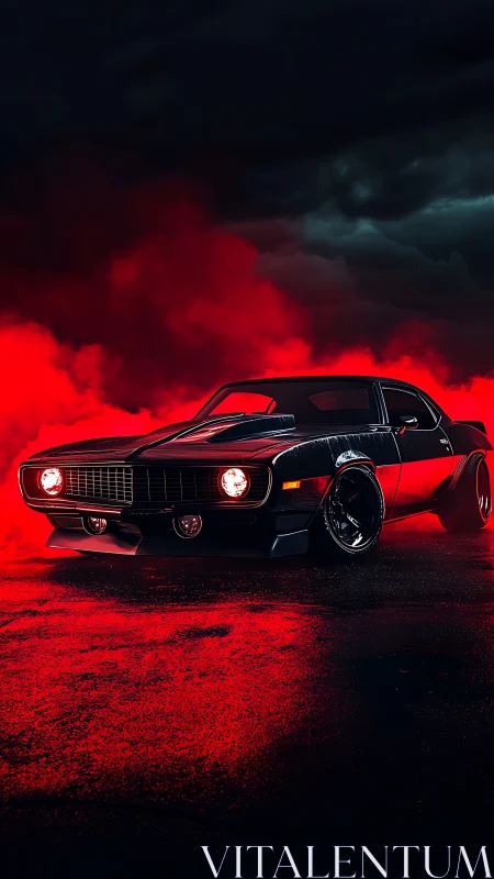 Muscle car prowls through neon red smoke under storm clouds.