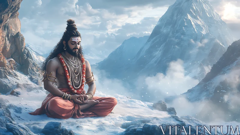 Meditating ascetic figure on snowy Himalayan mountain plateau.