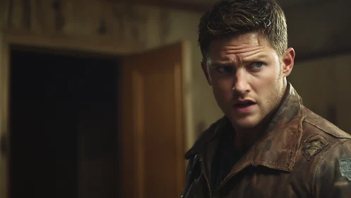 Weathered leather jacket frames a watchful, wary gaze