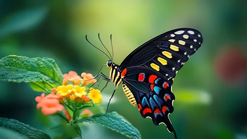 Midnight-winged butterfly sipping sunrise-colored blossoms.
