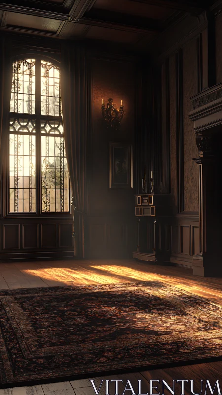 Late afternoon light traverses an ornate paneled salon