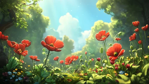 Digital landscape depicts red poppies in a sunlit forest clearing