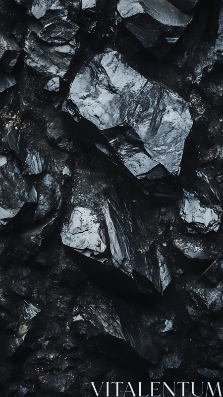 Angular wet rock surface exhibits glossy fractured mineral planes