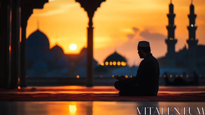 Silhouetted worshipper in mosque courtyard at sunset horizon.
