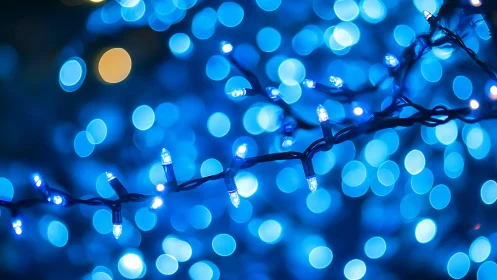 Photorealistic blue LED string lights with soft bokeh field.