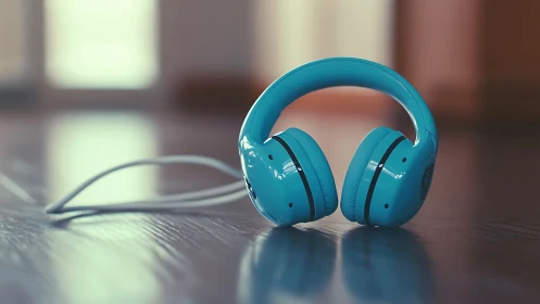 Cerulean headphones cradling quiet beats on polished floor.