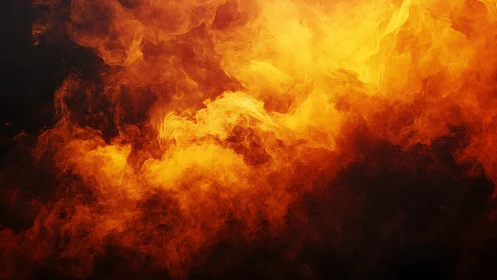 Intense swirling orange flames on dark background, abstract style.