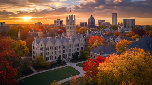 Gothic academic complex in autumnal aerial cityscape at sunset
