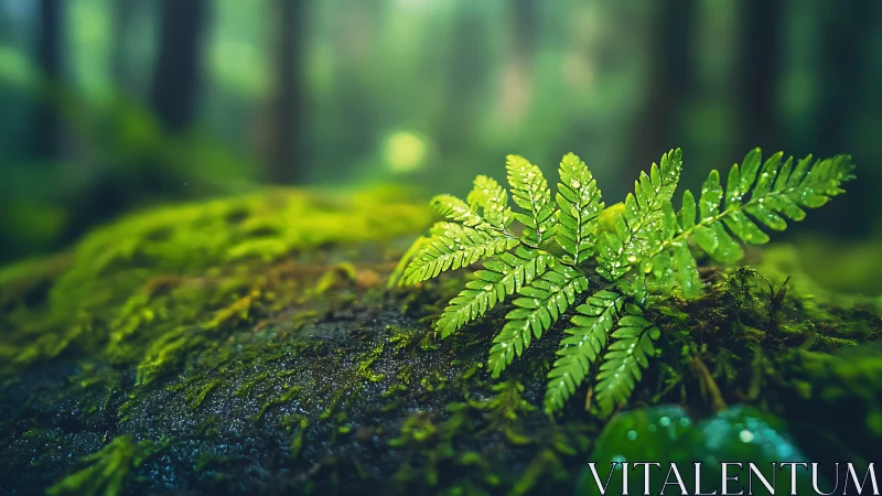 Fern morning on mossy forest floor in soft green light.