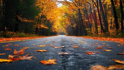 Lonely forest road stretches beneath vivid autumn foliage.