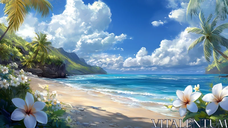 Tropical Coastal Landscape: Plumeria-Framed Beach With Emerald Cliffs