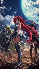 Battle-hardened anime heroines stand beneath a fractured sky