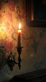 Single candle sconce glows softly against vintage floral wall