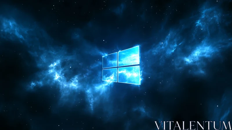 Glowing window logo in deep blue outer space field.
