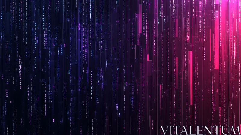 Vertical digital code columns form structured neon data field