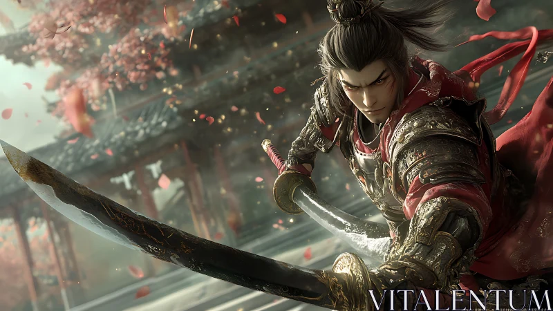Dynamic armored swordsman amid petals in high-detail digital rendering
