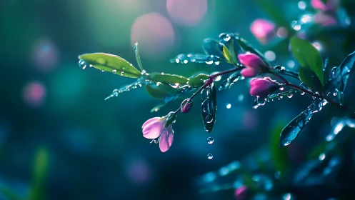 Morning raindrops rehearse ballet on neon-tinted blossoms