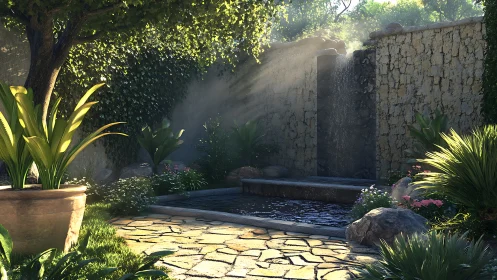 Sunlit courtyard fountain spills softly into a tranquil pool.