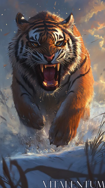 Winter charge of a roaring tiger in glowing sunset light.