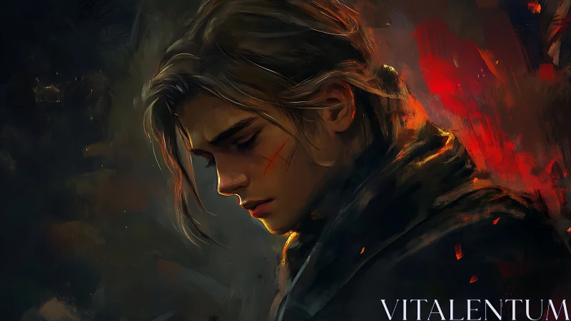 Wounded warrior profile under burning crimson light.