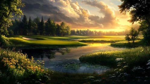 Sunlit golf course landscape surrounds reflective wetland pond