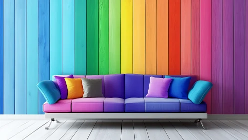 Chromatic gradient sofa against spectrum-paneled interior wall.