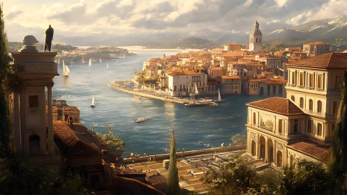 Sunlit neoclassical harbor city rendered in warm cinematic light