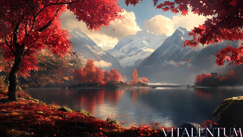 Crimson autumn wraps a quiet alpine lake in molten light