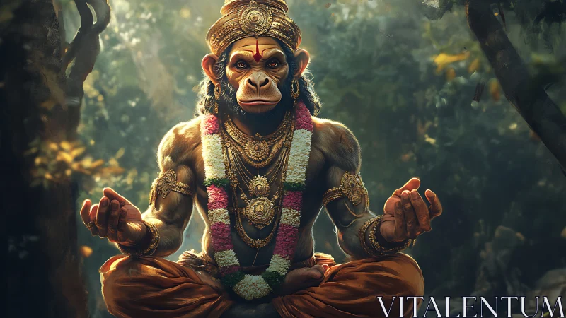 Divine monkey figure meditates in ornate forest setting.