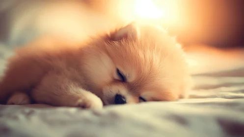 Sleeping Pomeranian puppy on bed in warm morning light.