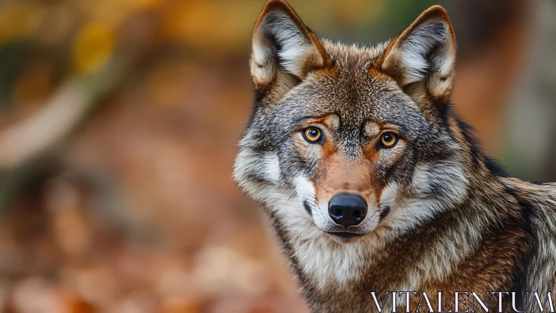 Autumn woodland wolf portrait captured with shallow depth of field