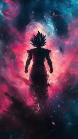 Stellar warrior ascends through neon cosmic firestorm.