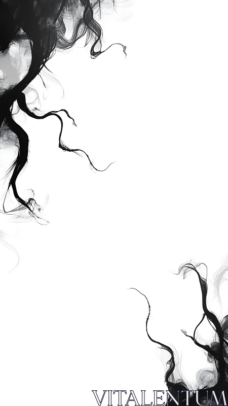 Ink-twisted tendrils drift across a luminous white void.