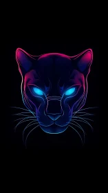 Neon cat head portrait with glowing cyan eyes digital render