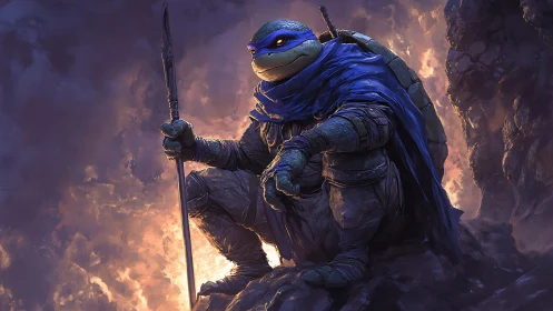 Armored humanoid turtle sits on rocky ledge holding staff