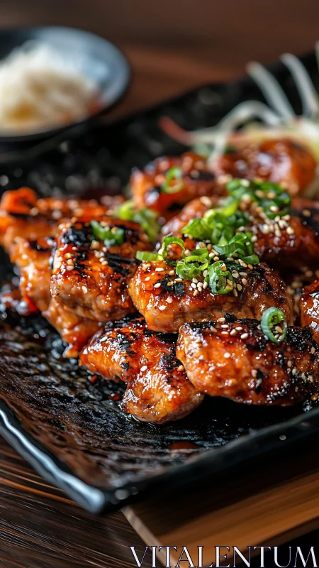 Glazed Chicken Bites Shine on Stone with Fresh Garnish