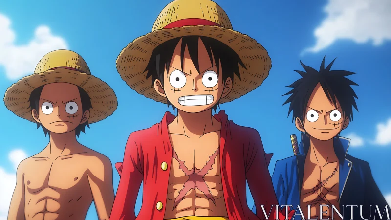 Straw-hatted trio storming the skylit seas of courage.