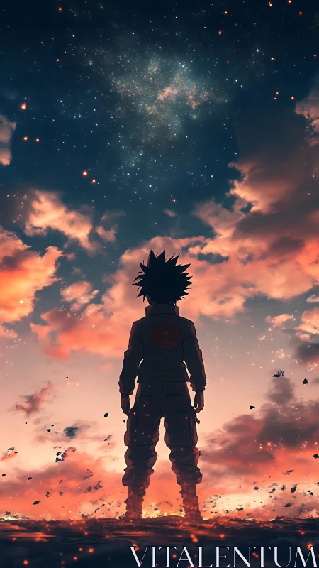 Silhouetted anime hero beneath blazing nebula sky at dusk.