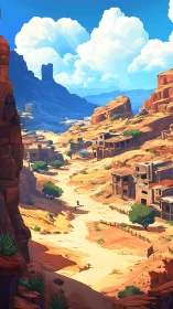 Desert canyon ghost town with sunlit cliffs and distant mesas