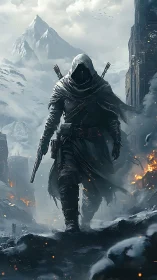 Hooded ranger strides through burning snowbound canyon.